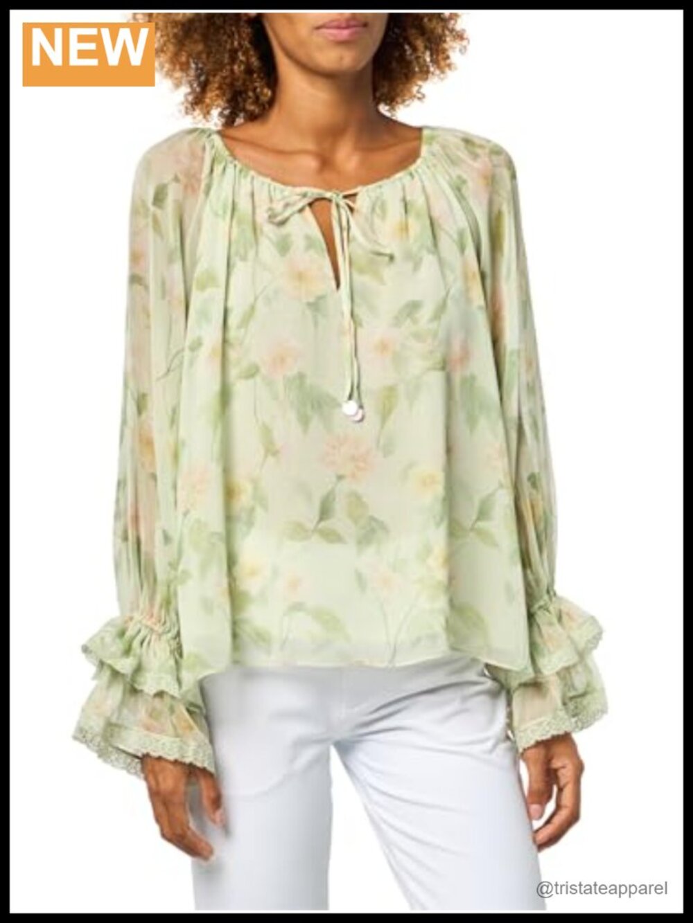 En Saison Floral Sheer Chiffon Blouse Long Sleeve Tie Front